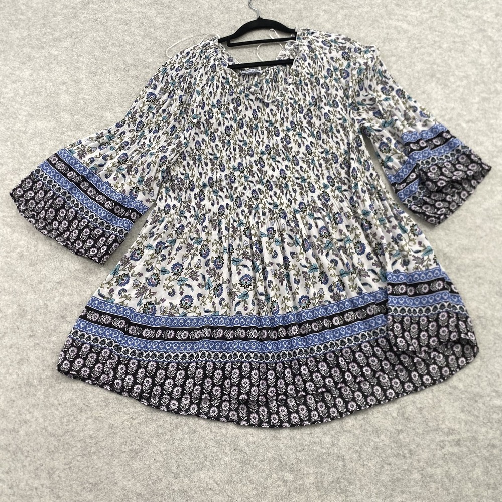 Floral & Ivy Blouse Womens 1X Plus Multicolor Floral Bell Sleeve Boho Tunic Top